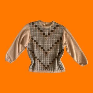 60's vintage tan geometric mid century 3/4 sleeve minimalist sweater SMALL